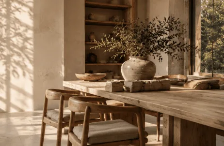 A sunlit dining table styled with a ceramic urn, wooden bowl and books